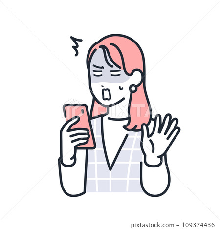 A simple vector illustration of a stylish young woman looking at her smartphone and being shocked 109374436