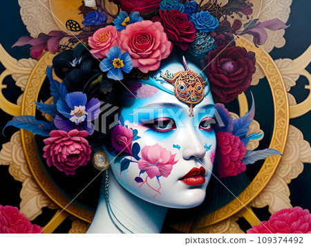 Beautiful asian woman with flowers in her hair.AI-generated Beautiful asian woman with flowers in her hair.AI-generated 109374492