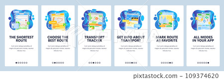 Public transport information and tracking. GPS navigation map with fastest route. Map in your phone. Mobile app screens. Vector banner template for website development. Web site design illustration Public transport information and tracking. GPS navigation map with fastest route. Map in your phone. Mobile app screens. Vector banner template for website development. Web site design illustration 109374620