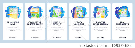 Public transport route and information. Navigation map, GPS navigation in your phone. Mobile app onboarding screens. Vector banner template for website mobile development. Web site design illustration Public transport route and information. Navigation map, GPS navigation in your phone. Mobile app onboarding screens. Vector banner template for website mobile development. Web site design illustration 109374622
