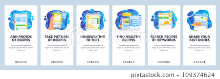 Healthy food recipes online. Upload food photo and share on social media. Cookbook and meal recipe on a phone. Mobile app screens. Menu vector for website development. Web site design illustration Healthy food recipes online. Upload food photo and share on social media. Cookbook and meal recipe on a phone. Mobile app screens. Menu vector for website development. Web site design illustration 109374624