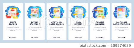 Tomato suace recipe. Day meal schedule. Find recipe online. Count calories. Mobile app onboarding screens. Menu vector banner template for website and mobile development. Web site design illustration 109374629