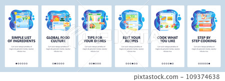 Cooking recipes online, step by step cook guide, world food cuisine, recipe book. Mobile app onboarding screens. Menu vector banner template for website mobile development. Web site illustration 109374638