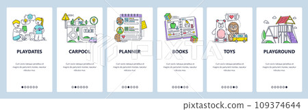 Kids playground activity, children book, toys, preschool and kindergarten schedule. Mobile app onboarding screens. Vector banner template for website mobile development. Web site design illustration Kids playground activity, children book, toys, preschool and kindergarten schedule. Mobile app onboarding screens. Vector banner template for website mobile development. Web site design illustration 109374644