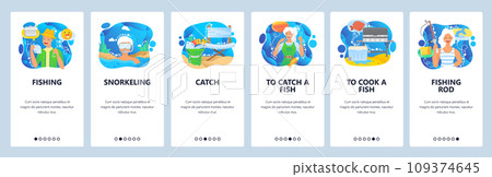 Fishing activity, sea vacation, female fisherman, snorkeling, fishing rod. Mobile app onboarding screens. Menu vector banner template for website and mobile development. Web site design illustration Fishing activity, sea vacation, female fisherman, snorkeling, fishing rod. Mobile app onboarding screens. Menu vector banner template for website and mobile development. Web site design illustration 109374645