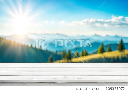 Empty wood tabletop or counter with display product. Blur image of blue sky and hill background. Display product background Empty wood tabletop or counter with display product. Blur image of blue sky and hill background. Display product background 109375072