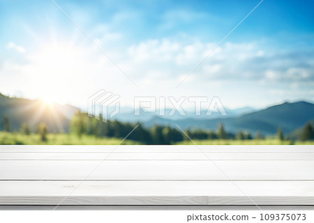 Empty wood tabletop or counter with display product. Blur image of blue sky and hill background. Display product background Empty wood tabletop or counter with display product. Blur image of blue sky and hill background. Display product background 109375073
