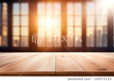 Empty wood tabletop or counter with display product. Blur image of blue sky and hill background. Display product background 109375119