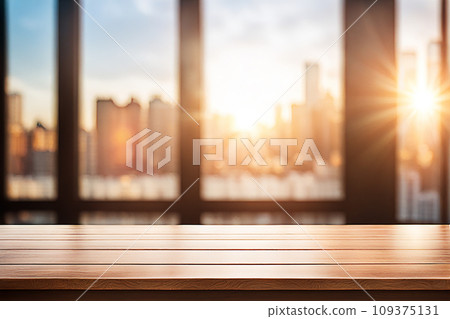 Empty wood tabletop or counter with display product. Blur image of blue sky and hill background. Display product background 109375131