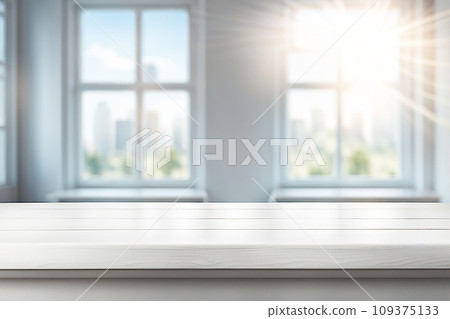 Empty wood tabletop or counter with display product. Blur image of blue sky and hill background. Display product background 109375133