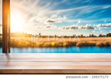 Empty wood tabletop or counter with display product. Blur image of blue sky and hill background. Display product background Empty wood tabletop or counter with display product. Blur image of blue sky and hill background. Display product background 109375173