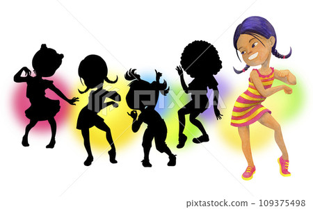 Asian school-age girl dancing merrily. Find the shadow game. Clipart. Isolated watercolor illustration for design of cards, posters, t-shirt printing. Asian school-age girl dancing merrily. Find the shadow game. Clipart. Isolated watercolor illustration for design of cards, posters, t-shirt printing. 109375498