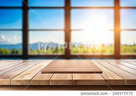Empty wood tabletop or counter with display product. Blur image of blue sky and hill background. Display product background Empty wood tabletop or counter with display product. Blur image of blue sky and hill background. Display product background 109375575