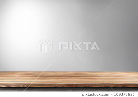Empty wood tabletop or counter with display product. Blur image of gray wall background. Display product background 109375655