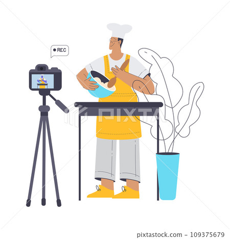 Bakery with Man Baker Character Recording Video Lesson with Camera Vector Illustration 109375679