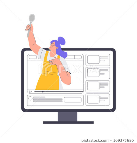 Bakery with Woman Baker Character at Video Web Platform Show Tutorial Vector Illustration 109375680