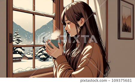 女人一邊喝著熱咖啡，一邊看著窗外的雪景 109375681