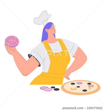 Bakery with Woman Baker Character in Uniform Put Pizza Ingredients Vector Illustration 109375692