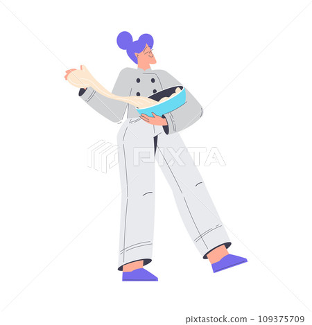 Bakery with Woman Baker Character in Uniform Hold Bowl with Dough Vector Illustration Bakery with Woman Baker Character in Uniform Hold Bowl with Dough Vector Illustration 109375709
