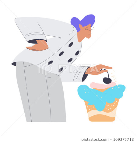 Bakery with Woman Baker Character in Uniform Decorate Cupcake Vector Illustration 109375718