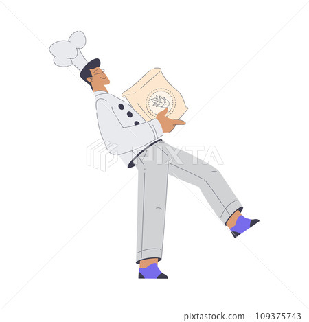 Bakery with Man Baker Character in Uniform Carry Flour Package Vector Illustration Bakery with Man Baker Character in Uniform Carry Flour Package Vector Illustration 109375743