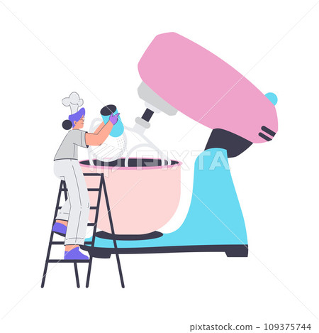 Bakery with Woman Baker Character in Uniform Climb Ladder to Huge Mixer Vector Illustration Bakery with Woman Baker Character in Uniform Climb Ladder to Huge Mixer Vector Illustration 109375744