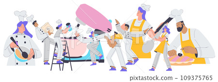 Bakery with People Baker Character in Uniform Baking Pastry Vector Illustration 109375765