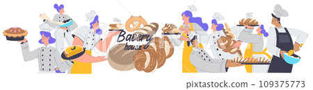 Bakery with People Baker Character in Uniform Baking Pastry Vector Illustration Bakery with People Baker Character in Uniform Baking Pastry Vector Illustration 109375773