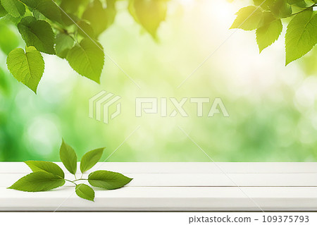 Empty wood tabletop or counter with display product. Blur image of green leaves bokeh background. Display product background concept Empty wood tabletop or counter with display product. Blur image of green leaves bokeh background. Display product background concept 109375793