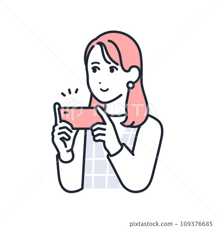 A simple vector illustration of a stylish young woman watching video content on her smartphone 109376685