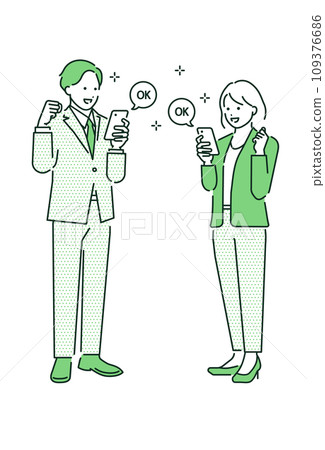 高興地看著手機的商人和女商人的全身向量圖素材 109376686