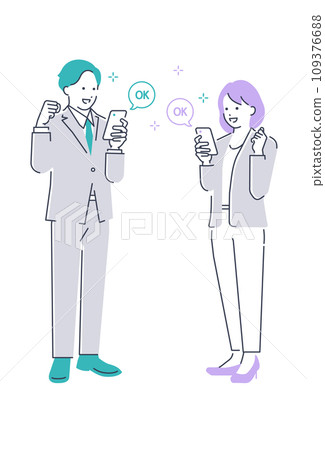 Full body vector illustration material of a businessman and businesswoman who are happy looking at their mobile phones 109376688