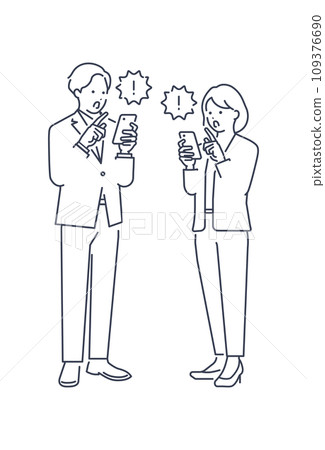 Full body vector illustration material of a surprised businessman and businesswoman looking at their cell phones 109376690