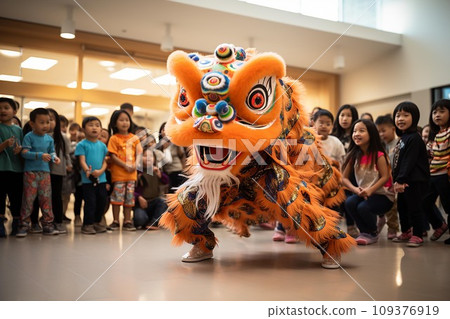 Group of happy asian children in traditional costume with dragon and lion dance . AI Generate 109376919