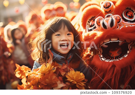 Group of happy asian children in traditional costume with dragon and lion dance . AI Generate Group of happy asian children in traditional costume with dragon and lion dance . AI Generate 109376920