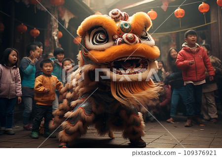 Group of happy asian children in traditional costume with dragon and lion dance . AI Generate 109376921