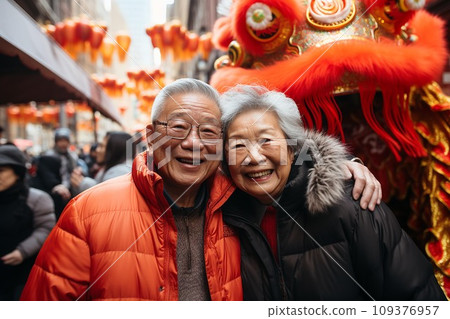 Happy asian senior couple celebrate chinese new year . AI Generate Happy asian senior couple celebrate chinese new year . AI Generate 109376957