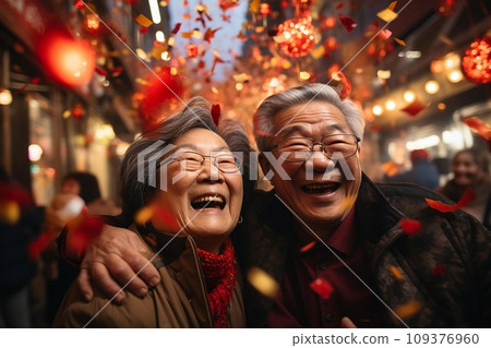 Happy asian senior couple celebrate chinese new year . AI Generate 109376960