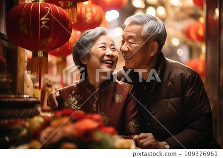 Happy asian senior couple celebrate chinese new year . AI Generate 109376961