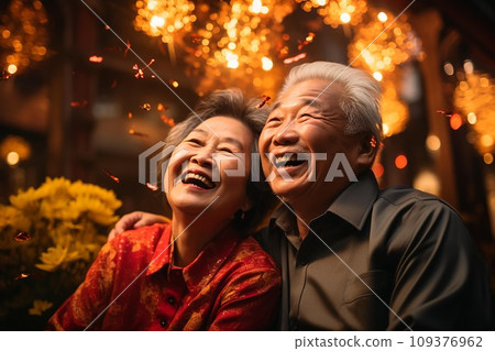 Happy asian senior couple celebrate chinese new year . AI Generate Happy asian senior couple celebrate chinese new year . AI Generate 109376962