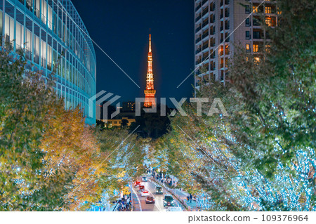 Tokyo Tower with Roppongi Hills Christmas Illumination, light up christmas market in Tokyo, Japan., landmark and popular for tourists attraction in Tokyo. Tokyo, Japan, 18 November 2023 109376964