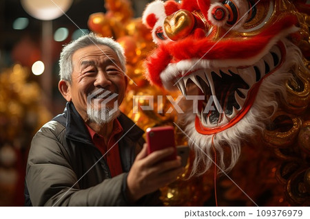 Portrait of senior man taking selfie with mobile phone in chinese temple . AI Generate 109376979