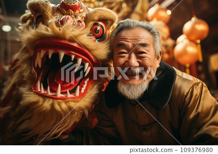 Portrait of a senior Chinese man in traditional costume with Chinese New Year decoration 109376980