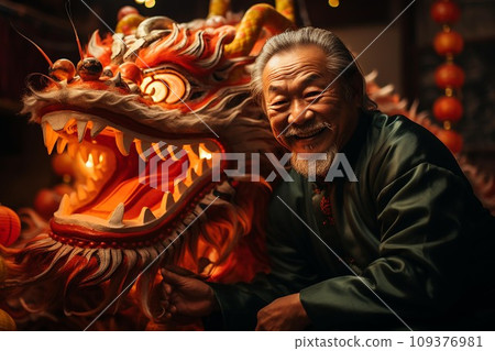 Portrait of a senior Chinese man in traditional costume with Chinese New Year decoration 109376981