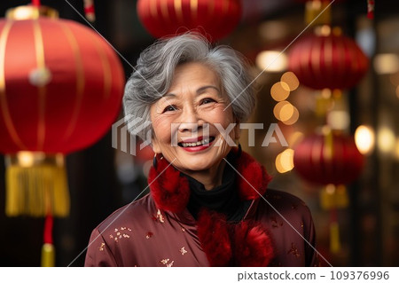 Happy old woman taking selfie with Chinese lanterns in a traditional street . AI Generate 109376996