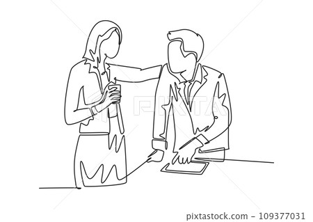 Continuous one line drawing young successful male and female employees engage in exciting conversations during office breaks. Rest break at work concept. Single line design vector graphic illustration 109377031