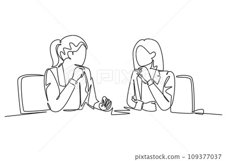Continuous one line drawing two young happy beautiful business woman discussing project contract together during meeting. Business success concept. Single line draw design vector graphic illustration 109377037