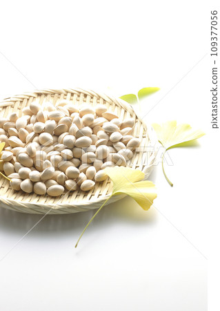 Ginkgo seeds and leaves in a basket are photographed against a white background Ginkgo seeds and leaves in a basket are photographed against a white background 109377056