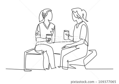 Single one line drawing two young cute female worker have casual chat over drink coffee during office break. Having small talk at work concept. Continuous line draw design graphic vector illustration Single one line drawing two young cute female worker have casual chat over drink coffee during office break. Having small talk at work concept. Continuous line draw design graphic vector illustration 109377065