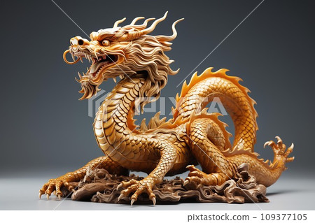 Chinese Golden dragon statue isolated on gray background. 3d render  . AI Generate 109377105